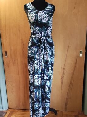 Christopher & Banks Navy, Teal and White Leaf-Print Sleeveless Jumpsuit